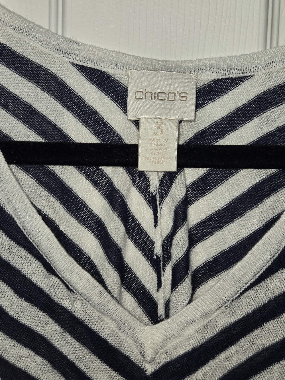 Chico's Navy and White Stripe V-Neck Linen Blend Top - Picture 2 of 9